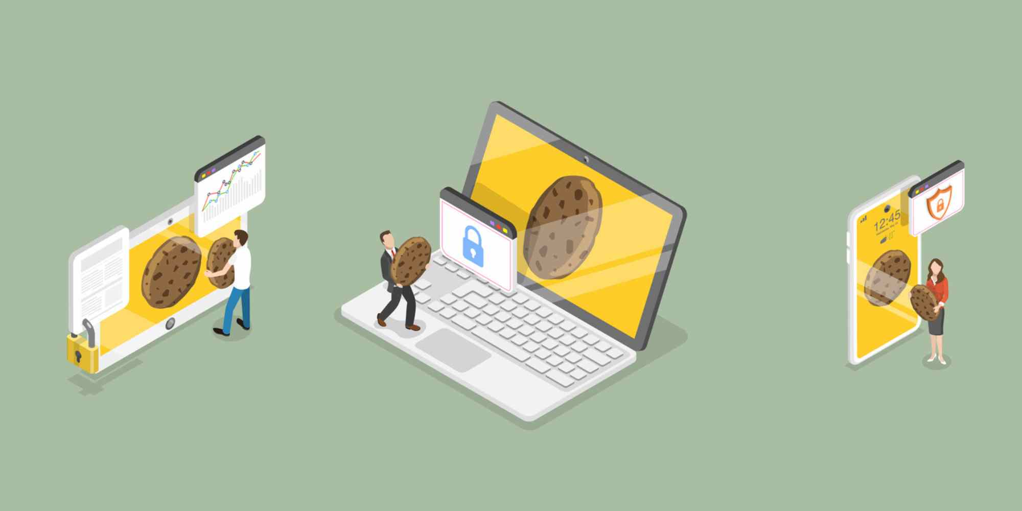 graphics depicting computer screens and laptops with animated characters holding large cookies